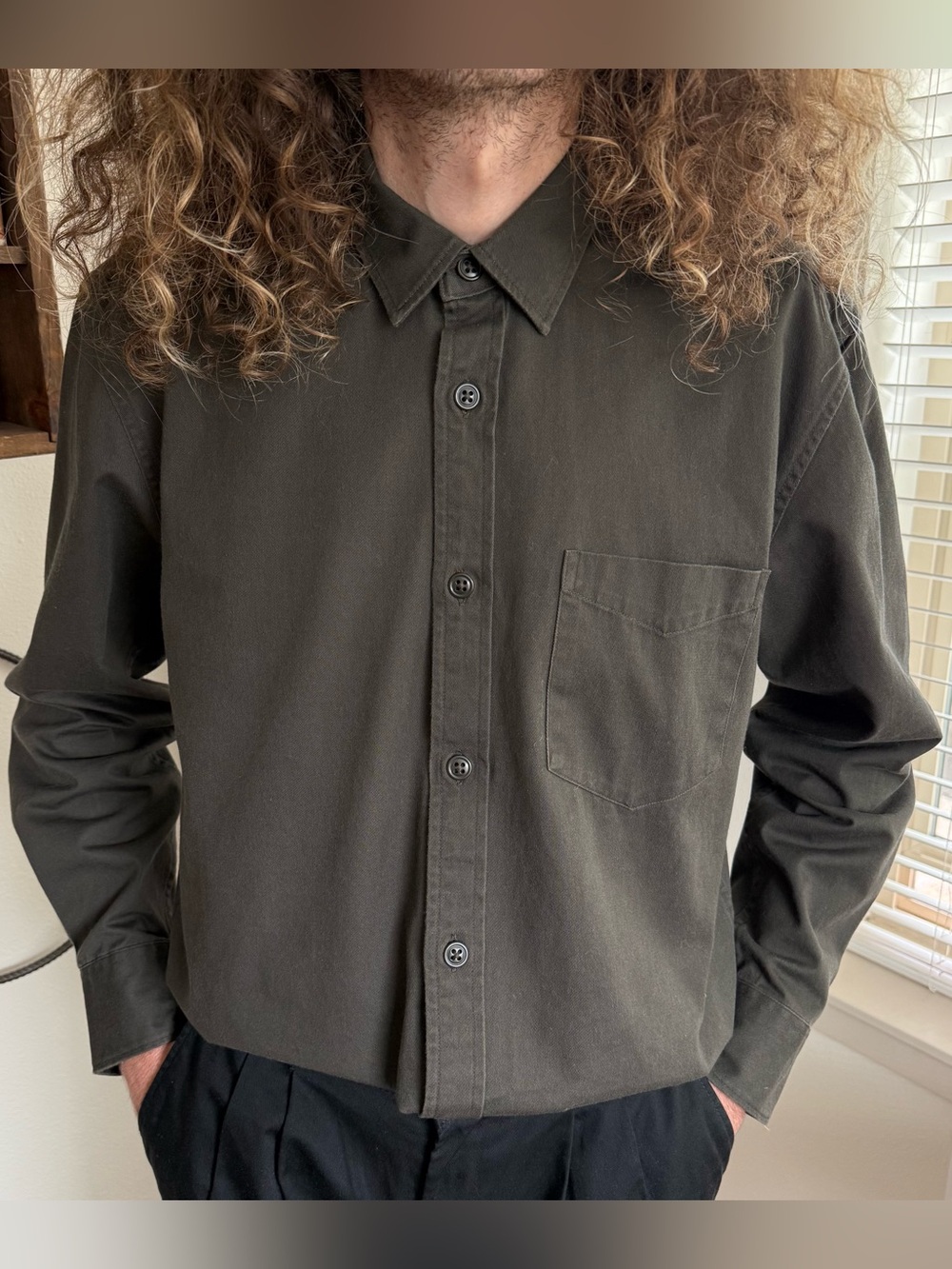 Filson Olive Green Durable Drill Chino 6.5 oz Cotton L/S Button Down ~ Size S